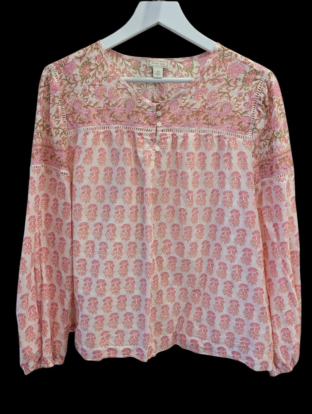 J. Crew Point Sur Popover Top 2X Pink Block Print Cotton Long Sleeve Button Boho